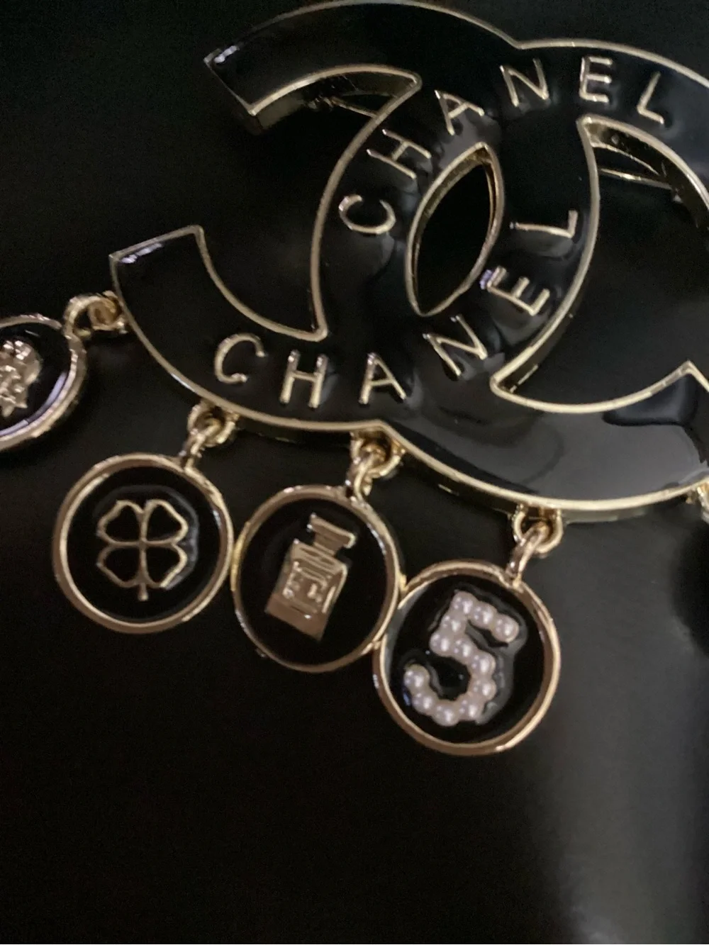 CHANEL Black and Gold CC Logo Charm Brooch